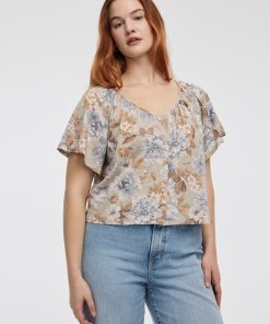 Short-Flutter-Sleeve V-Neck Buttoned-Down Blouse