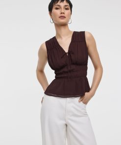 Sleeveless V-Neck Blouse with Smocked Waist