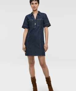Elbow-Sleeve Shirt-Collar Denim Mini Dress