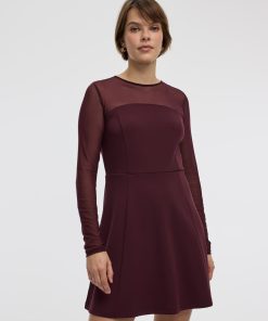 Long-Sleeve Fit-and-Flare Dress with Sheer Yoke