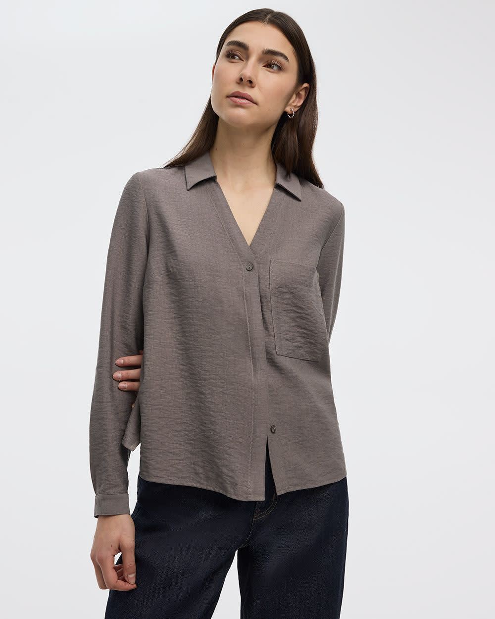 Long-Sleeve Split-Neck Blouse with Chest Pocket - Image 5