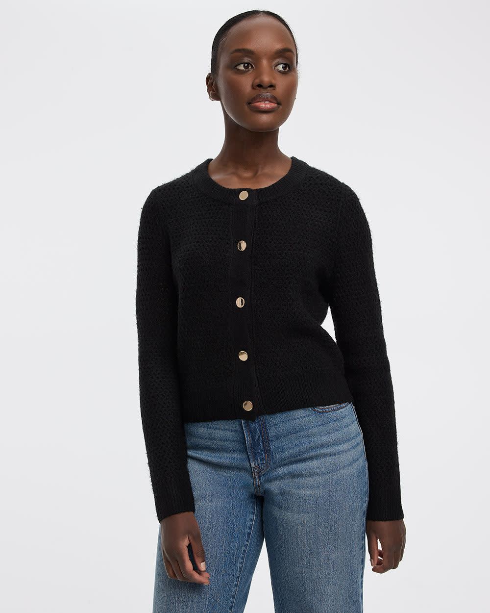Long-Sleeve Crew-Neck Fitted Cardigan - Image 3