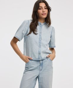 Crew-Neck Denim Shirt with Short Flutter Sleeves