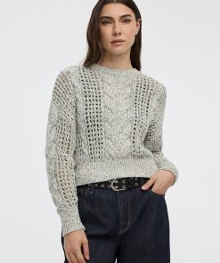 Long-Sleeve Crew-Neck Sweater with Open Stitches