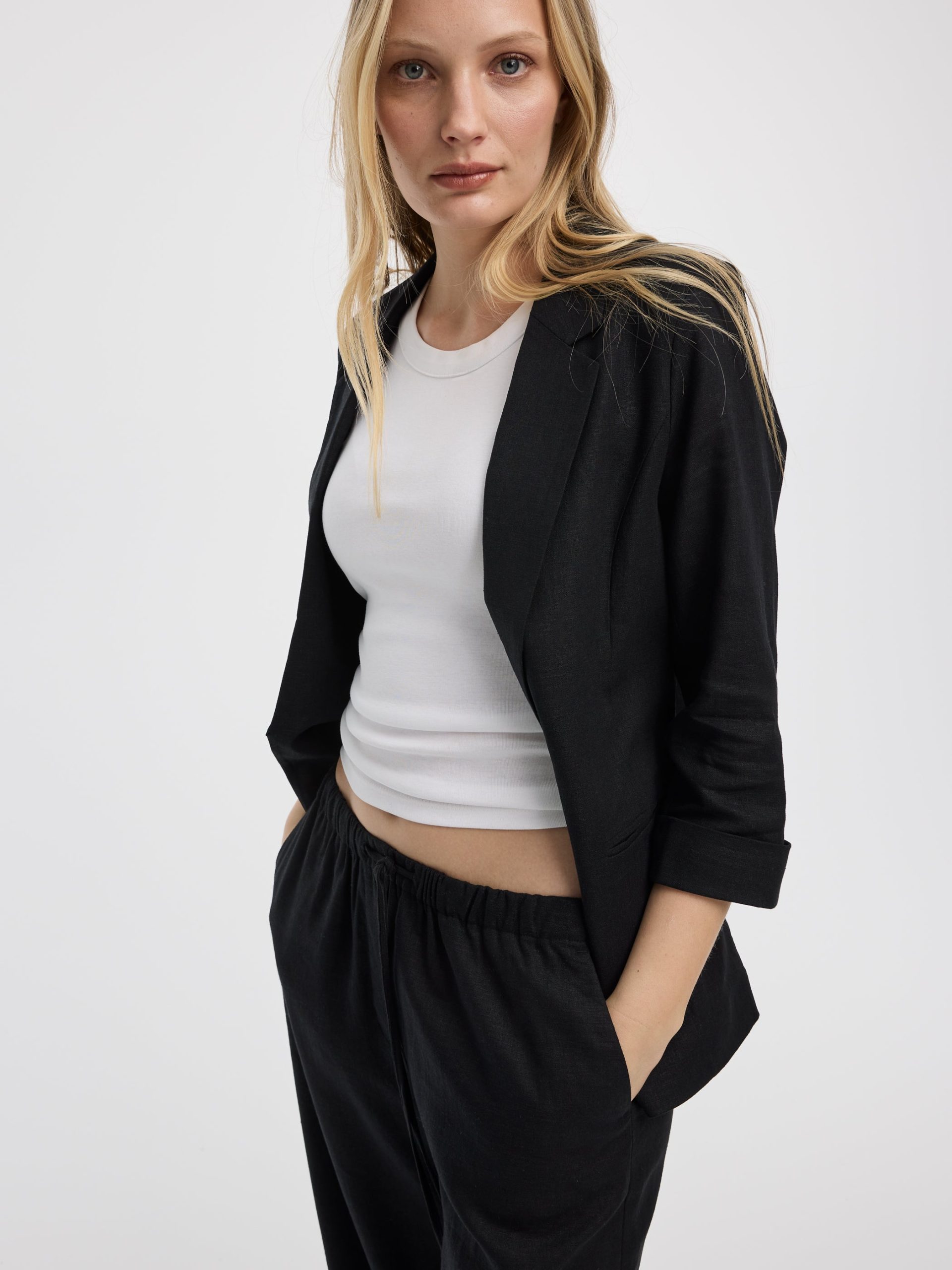 Open Linen Blazer with 3/4 Sleeves - Image 4