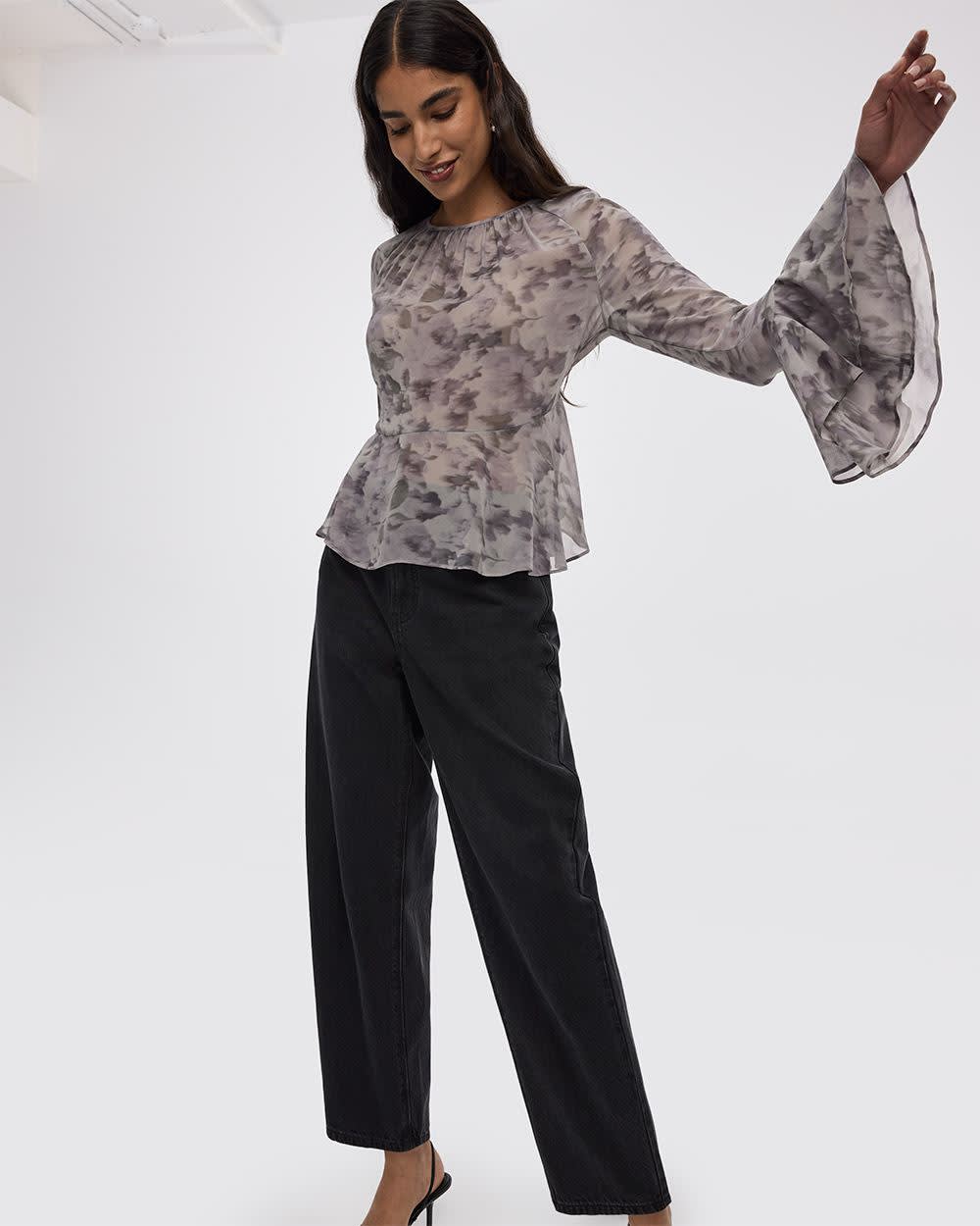 Long-Sleeve Crew-Neck Peplum Blouse - Image 5