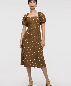Square-Neck Midi Dress with Bubble Sleeves