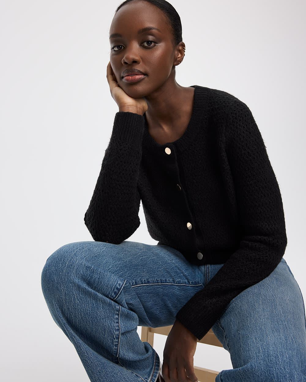 Long-Sleeve Crew-Neck Fitted Cardigan