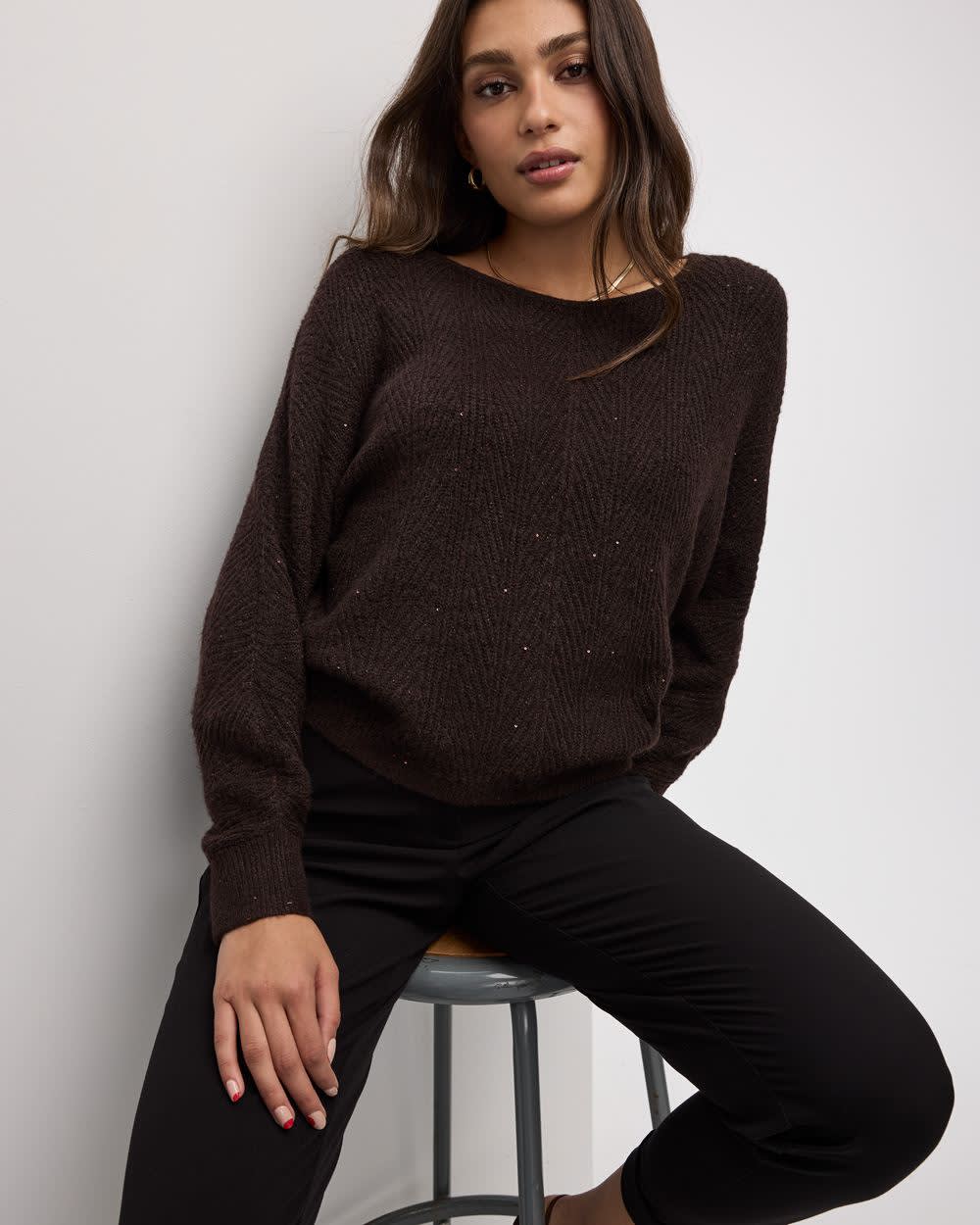 Long-Sleeve Boat-Neck Boxy Sweater with All-Over Sequins - Image 11