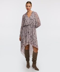 Long-Sleeve V-Neck Midi Dress with High-Low Hem