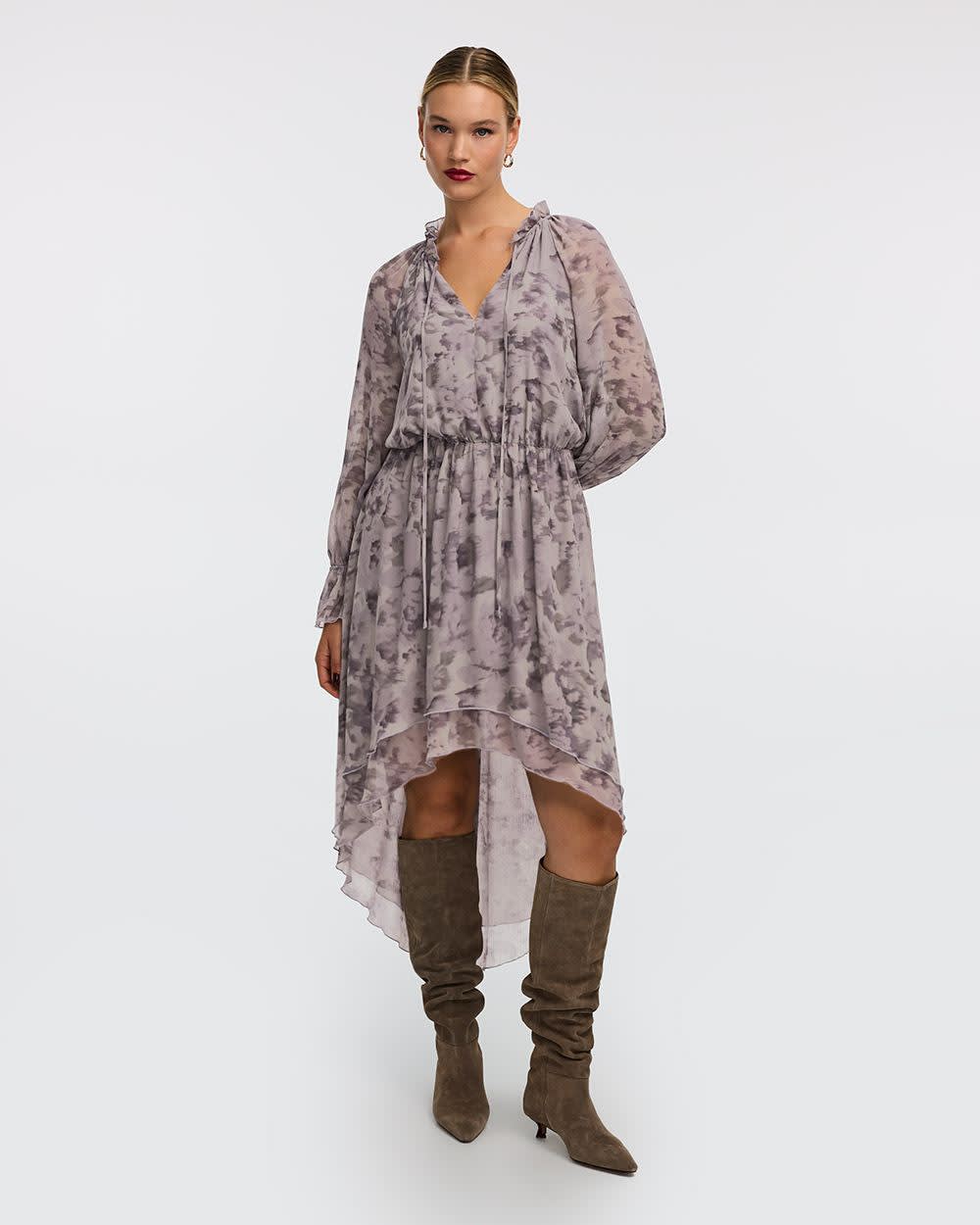 Long-Sleeve V-Neck Midi Dress with High-Low Hem