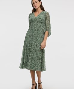 V-Neck Empire Midi Dress with Sheer Sleeves