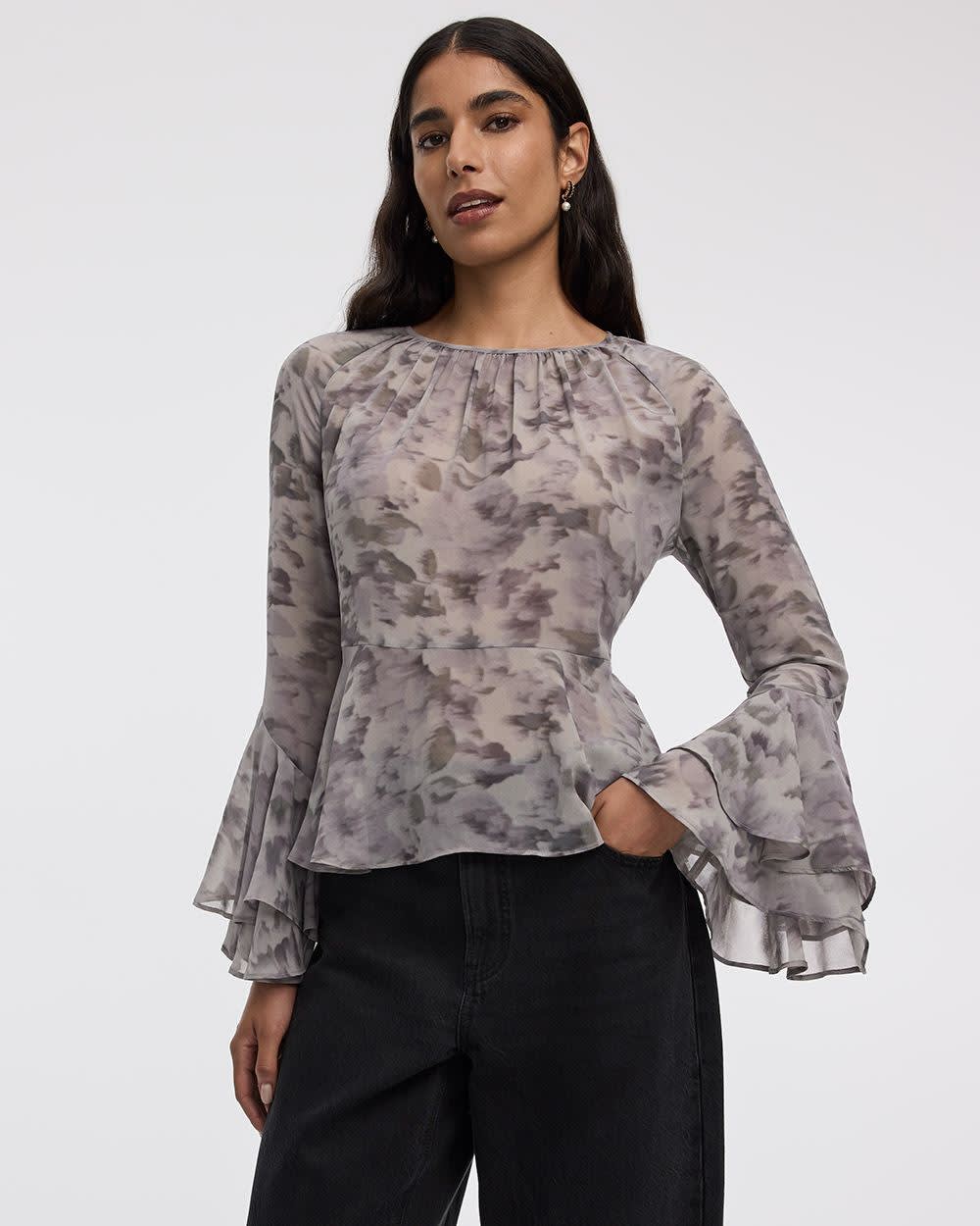 Long-Sleeve Crew-Neck Peplum Blouse - Image 7