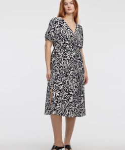 Short-Puffy-Sleeve V-Neck Midi Dress