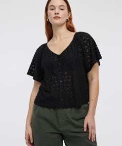 Short-Flutter-Sleeve V-Neck Buttoned-Down Blouse