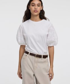 Crew-Neck Mix-Media Top with Short Puffy Sleeves