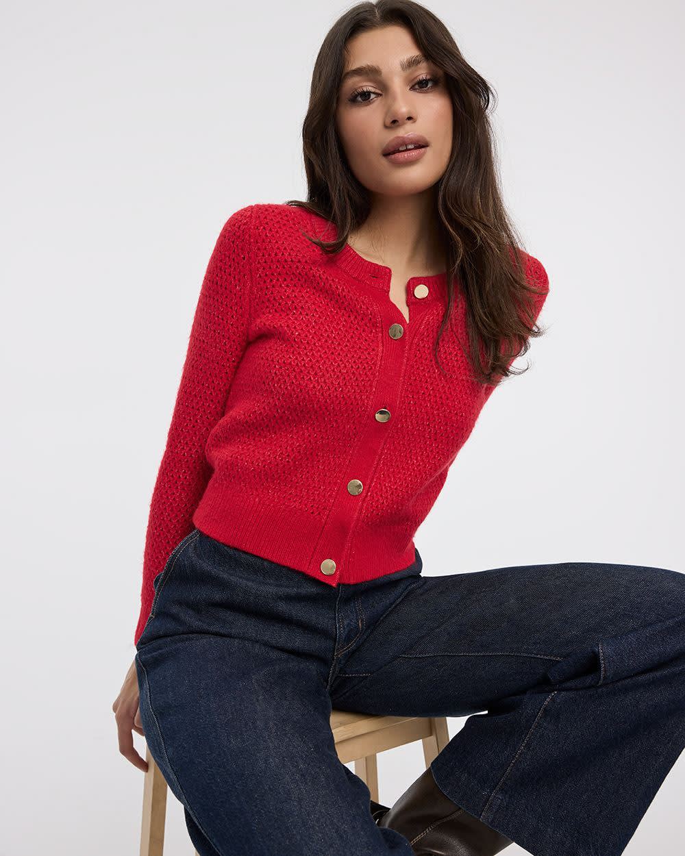 Long-Sleeve Crew-Neck Fitted Cardigan - Image 11