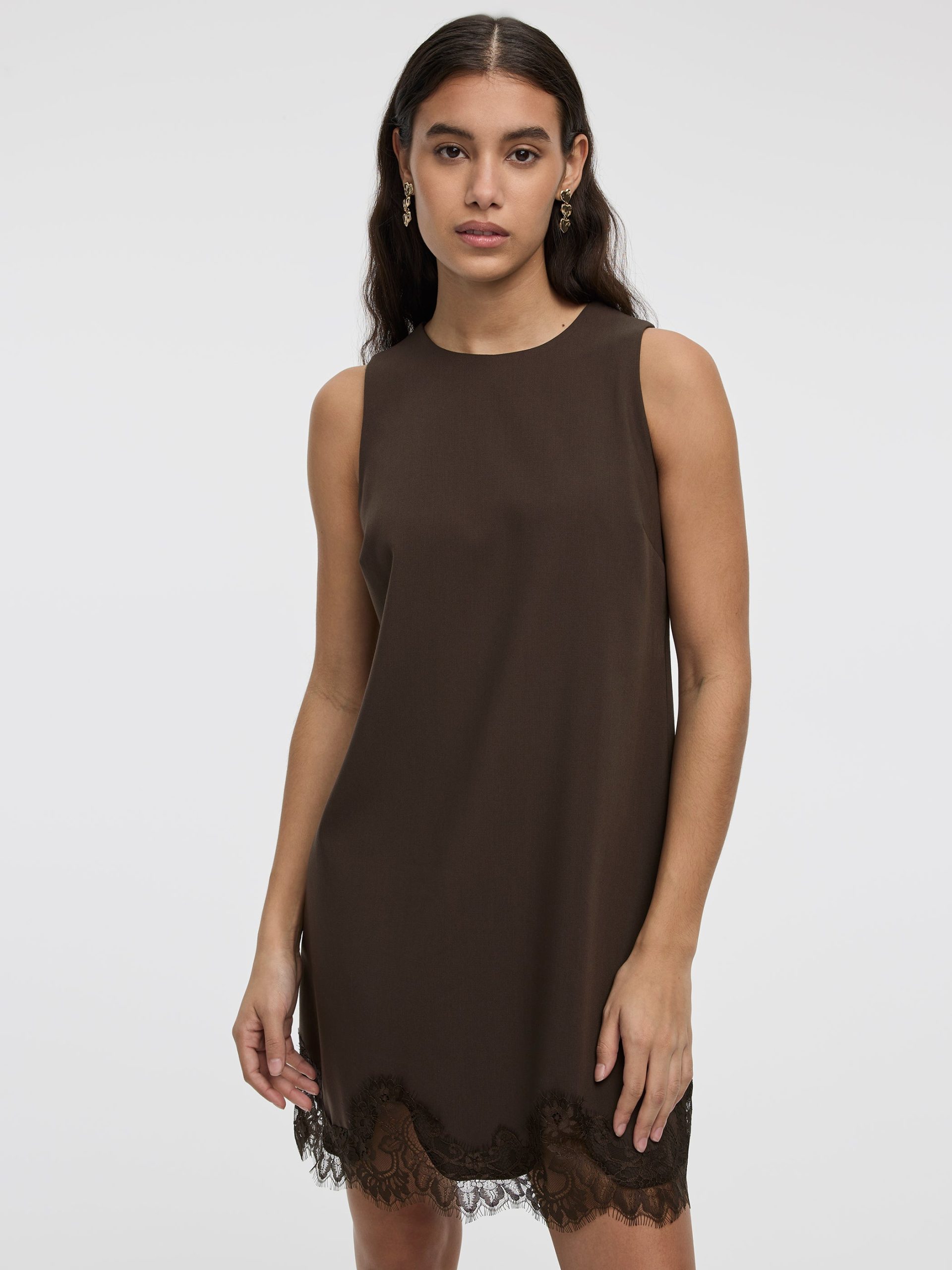 Sleeveless Crew-Neck Shift Dress Lace Trim - Image 4