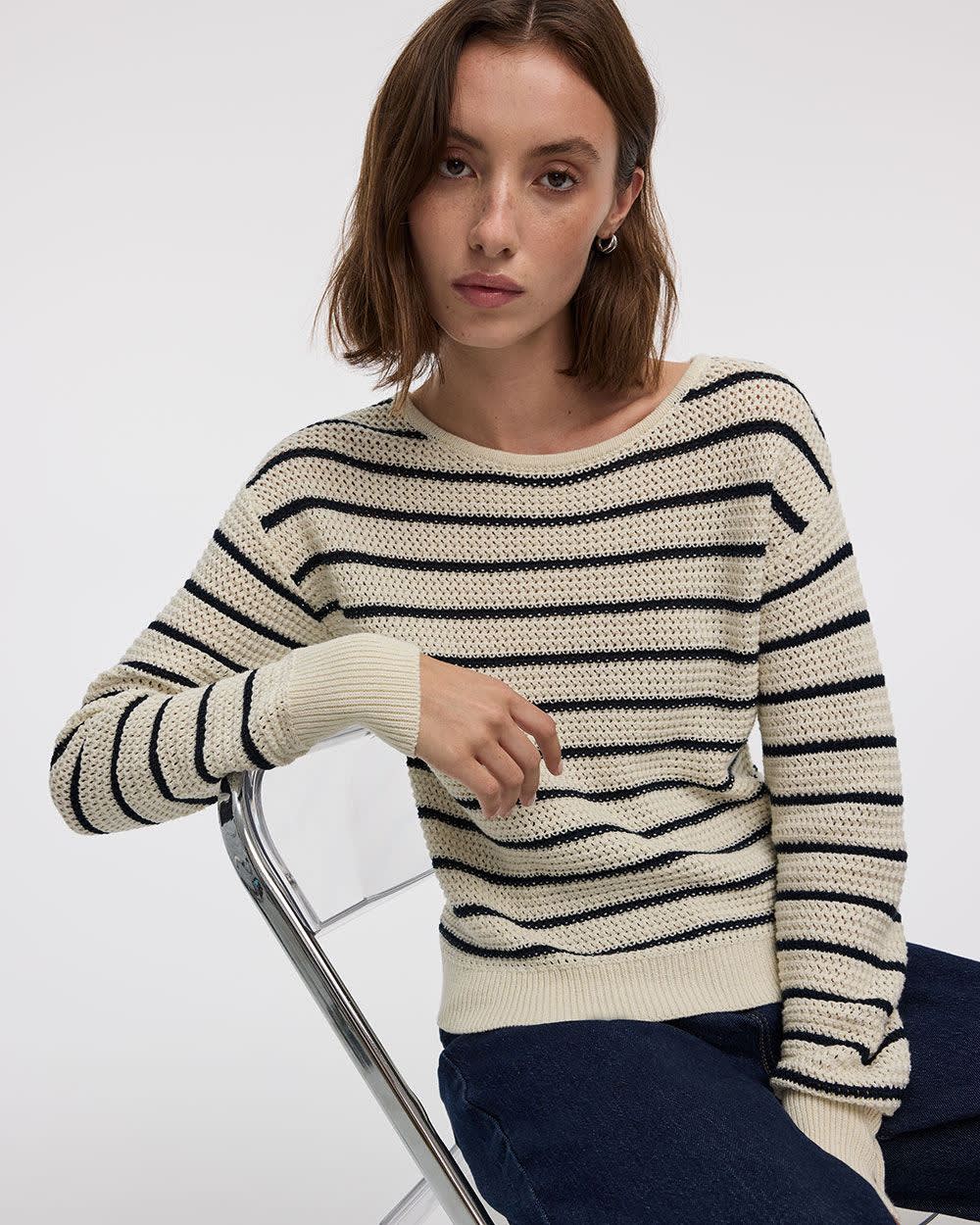 Striped Long-Sleeve Open-Stitch Pullover - Image 3