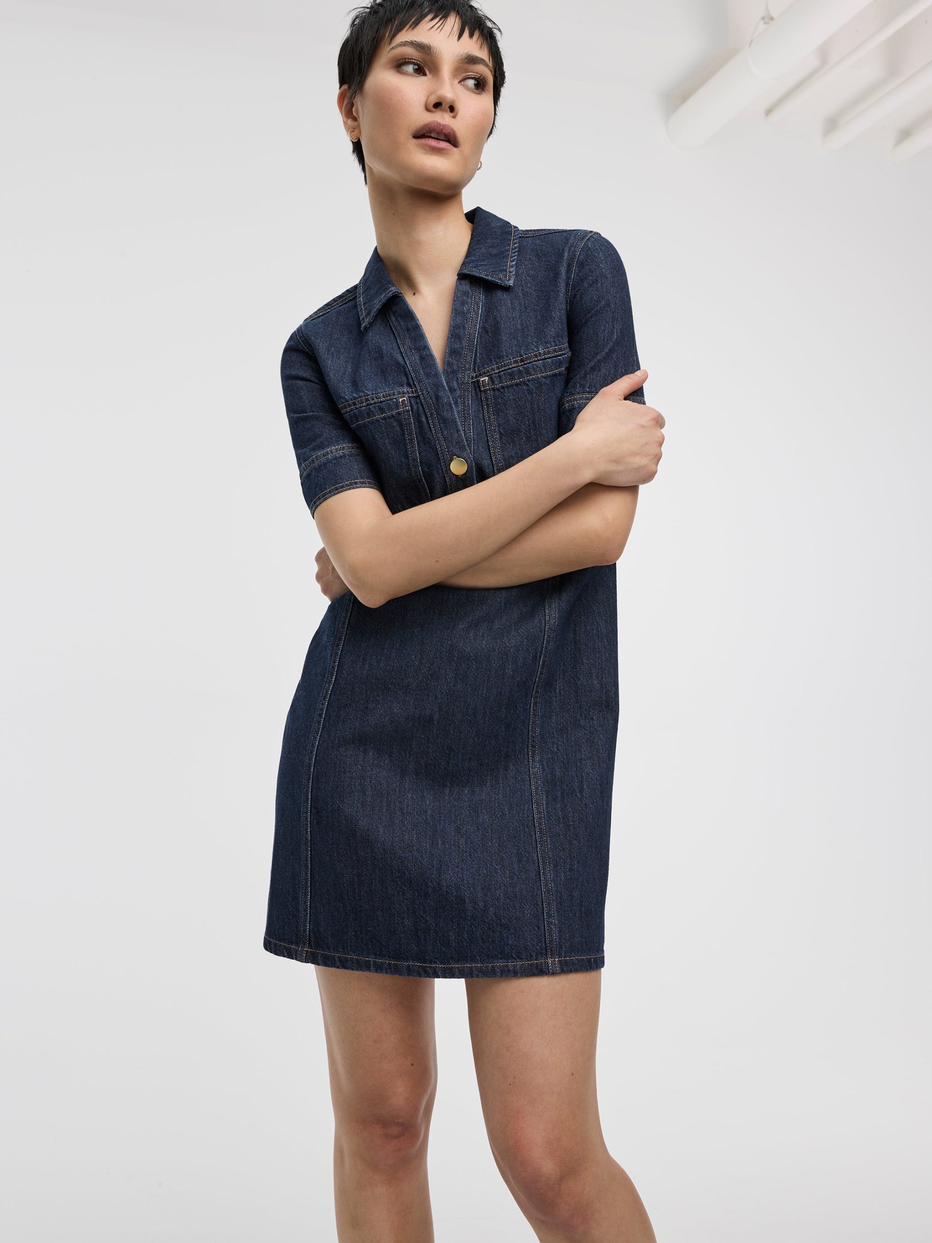 Elbow-Sleeve Shirt-Collar Denim Mini Dress - Image 4