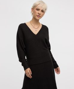 Long-Dolman-Sleeve V-Neck Ribbed Pullover