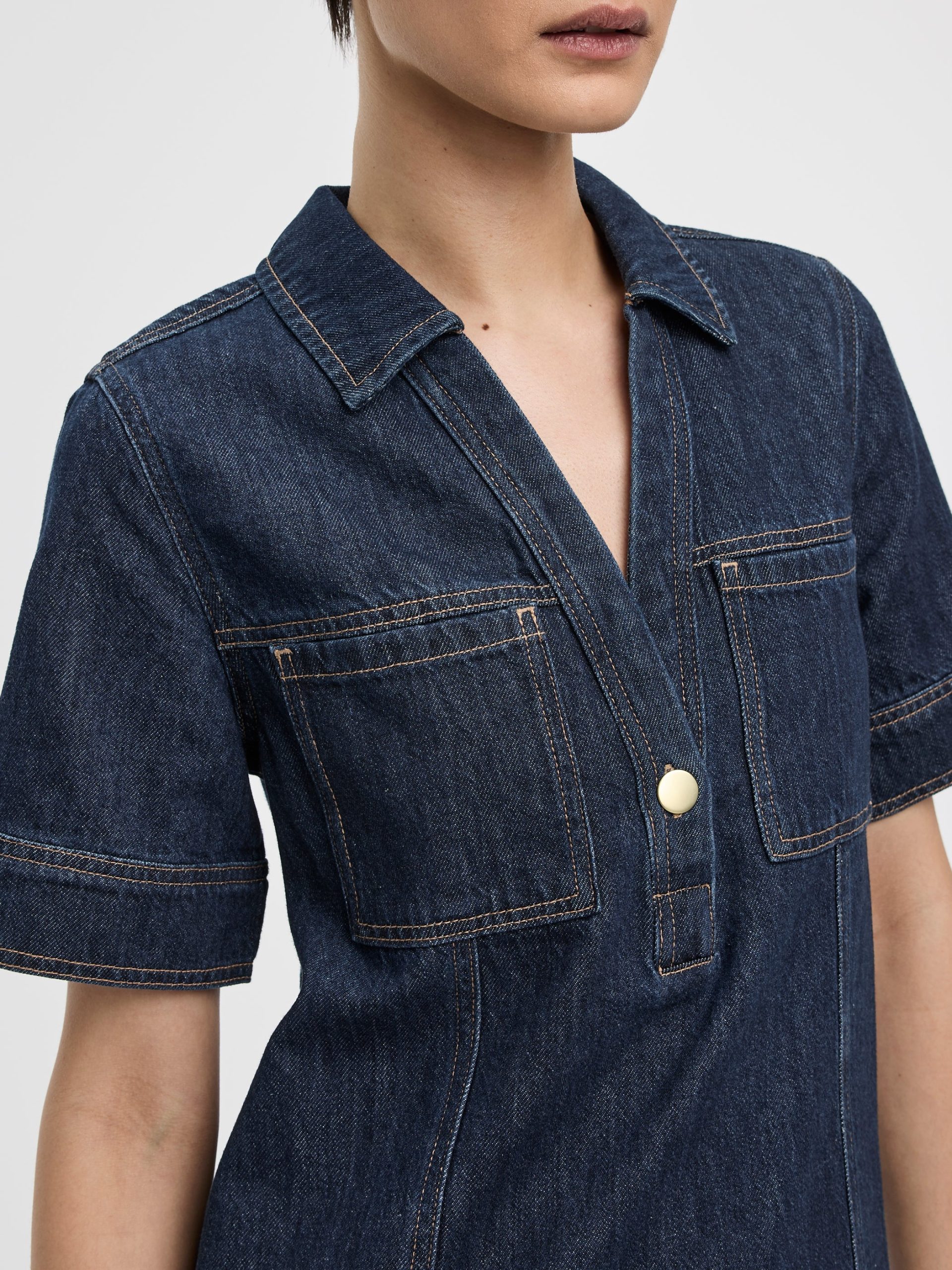 Elbow-Sleeve Shirt-Collar Denim Mini Dress - Image 2