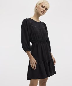 Puffy-Elbow-Sleeve Dress with Crew Neckline